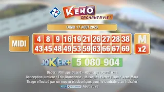 Tirage du midi Keno gagnant à vie® du 17 août 2020 - Résultat officiel - FDJ