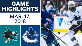 NHL Game Highlights | Sharks vs. Canucks - Mar. 17, 2018