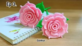 Ep3. Leaves 🌿Easy Crochet Rose Pink Tutorial | Crochet Flower Bouquet #crochetflower