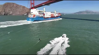 Foil Surfing a Cargo Ship Wave under the Golden Gate Bridge