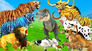 Giant Dinosaur vs 10 Zombie Tiger Lion Mammoth Elephant Big Bull Fight Cow Buffalo Rescue By Mammoth