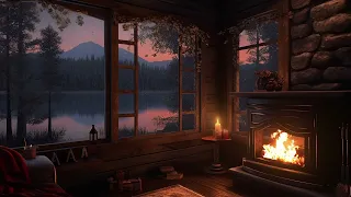 Cozy Sunset Fireplace Ambience - Relaxing Gentle Crackling Fire & Tranquil Lake View | Resting Area