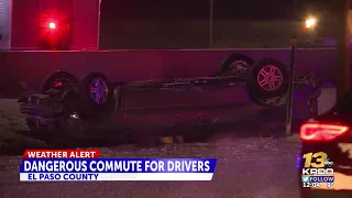 Dangerous road conditions, cars rollover and spin out on I-25 in Colorado Springs