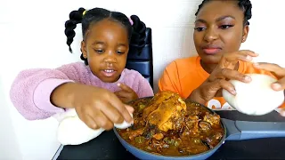 enjoying ogbono soup and cassava fufu with my baby girl/ Nigerian food mukbang