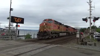 (Southbound) BNSF Mixed Freight Train passes through the Union Ave Railroad Crossing.