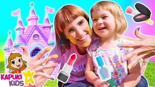 Hairstyle for baby doll & beauty salon for mom. Princess & baby girl at the giant princess castle