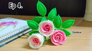 Ep4. Leaves 🌿#1 Easy Crochet Rose Flower Tutorial step by step | Crochet Flower Bouquet