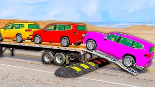 Flatbed Trailer New Toyota LC Cars Transportation with Truck - Pothole vs Car #017 - BeamNG.Drive