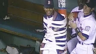 Red Sox tape Pedro to dugout pole at Fenway