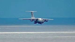 Fantastic landing over the sea. IL-76 in Sochi