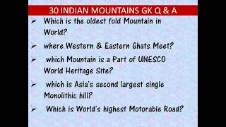 30 IMPORTANT INDIAN MOUNTAINS  GK QUESTIONS & ANSWERS | INDIAN GEOGRAPHY GK | MOUNTAINS QUIZ