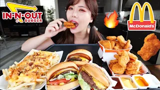 McDonald's NEW Spicy Nuggets & IN N OUT FAST FOOD MUKBANG 먹방 (Cheeseburgers, Animal Style Fries)