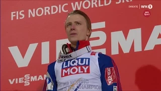 Falun 2015: Ski Jumping NH flower ceremony. New World Champion Rune Velta