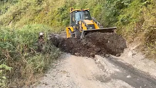 Repairing Damaged Hilly Road and Leveling With Jcb Backhoe