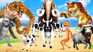 10 Cow Buffalo vs Zombie Tiger Wolf Fight Cow Cartoon Buffalo Saved By Mammoth Elephant Gorilla