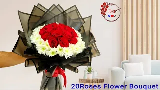 Flower Bouquet | 20 Roses & white Chrysanthemum Flower Arrangement | Flower Wrapping Technique