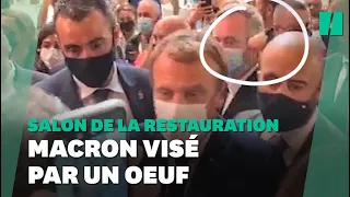 Macron visé par un jet d'oeuf lors d'un salon de la restauration