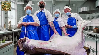 Halibut Cutting Master, How a master cuts Halibut fish to make delicious sashimi - Emison Newman