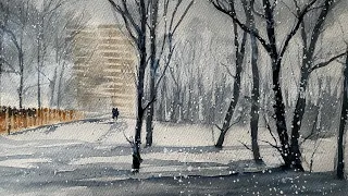 A SNOWY WALK IN THE PARK Loose WATERCOLOR Landscape PAINTING WATERCOLOUR STUDIO VLOG Tutorial DEMO