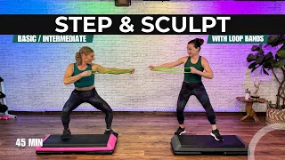 Step Aerobics & Sculpt Fusion Workout with Loop Bands | Basic to Intermediate