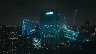 Dragon flying around buildings