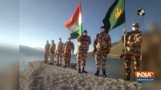 ITBP jawans celebrate Independence Day on banks of Pangong Tso at 14,000 feet in Ladakh