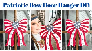 Patriotic Bow Wood Door Hanger DIY Craft Tutorial Red White Blue