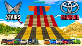 GTA 5: Mahindra Cars Vs Toyota Cars | IMPOSSIBLE BIG Stairs Climbing | Shocking Results | GTA 5 MODS