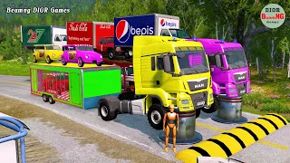 Double Flatbed Trailer Truck cars vs rails tractor vs train cars vs bollards Beamng Drive 305