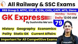 12:00 AM - All Railway & SSC Exams | GK by Sushmita Ma'am | Important GK Questions (Day-79)