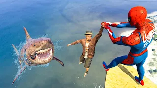 Spider-Man vs Megalodon  | GTA 5 Water Ragdolls/Jumps/Fails (Gameplay 4K, Euphoria Physics) Ep.139