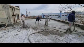 Утепление  плоской кровли, стяжка пола ячеистым пенобетоном.Гидроизололяция ПВХ мембраной и битумом.