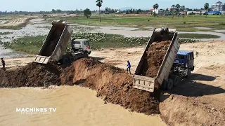 Perfectly Strong Hydraulic Dump Truck Dumping Dirt Stone Into Water Bulldozer Spreading Dirt