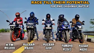 Pulsar RS200 Vs Pulsar NS200 Vs Yamaha R15V3 Vs Pulsar 220F Vs Ktm RC200 | Race Till Their Potential