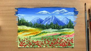 Рисуем горный пейзаж гуашью | Draw mountain landscape with gouache paints