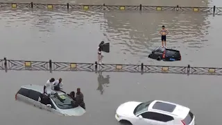 China roads and tunnels flooding due heavy rain in Luoyang, Henan