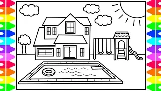 How to Draw a House with a Pool for Kids 💚💙💜 House with Pool Drawing and Coloring Pages for Kids