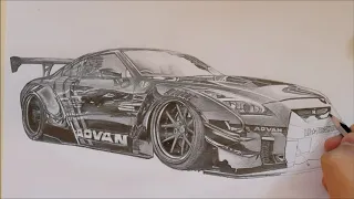 Dibujando Nissan GRT R35 Liberty Walk grafito - Pencil drawing timelapse