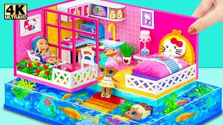 Make Aquarium Around Mini Pink House With 2 Room for Fish, Doll from Cardboard | DIY Miniature House