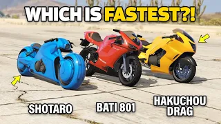 GTA 5 ONLINE - SHOTARO VS HAKUCHOU DRAG VS BATI 801 (WHICH IS FASTEST?)