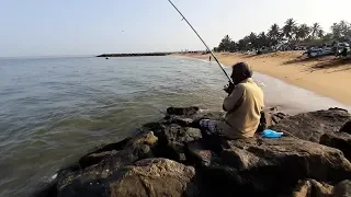 Man catching Trevally Fish using live shrimps | Fishing for Trevally Fish