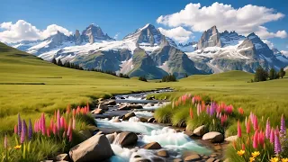 🏔️ Frozen Mountain Thaw: Sunlit Morning River Flow 🌞🏞️