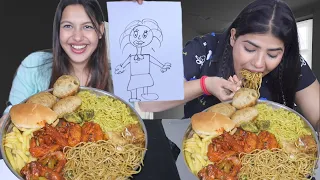 Eat and Draw Food Challenge | Golgappa, Maggi, Spicy Momos, Burger, Chowmein, Aloo Chat, Spring Roll