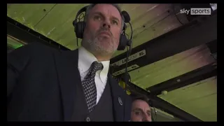 Jamie Carragher celebrates Mo Salah hat trick at Old Trafford. Liverpool 5-0 win V Manchester United