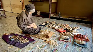 Process of making traditional Japanese masks.Craftsmen who have been making masks for 40 years.