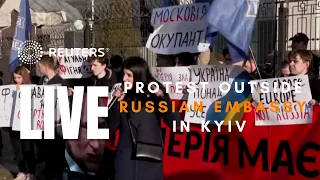 LIVE: Protest outside Russian embassy in Kyiv after Putin recognizes two Ukraine regions