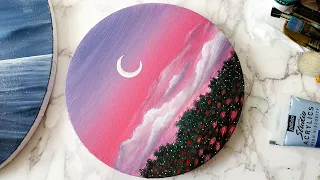 Aesthetic acrylic painting for beginners | easy pink sky landscape painting on round canvas