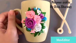 Polymer clay flowers (roses) and leaves on mug - ورد بالصلصال الحراري على الماج