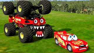 Angry IRON MAN Monster Truck Chasing Lightning McQueen - BeamNG.Drive