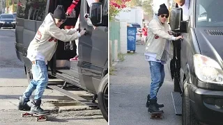 Justin Bieber Pulls Off Overly Dangerous Skateboard Stunt [2014]